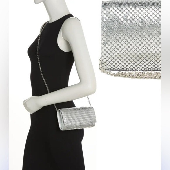 Jessica McClintock Silver Mesh Clutch or Shoulder Bag with Chainlink Strap - Picture 2 of 10